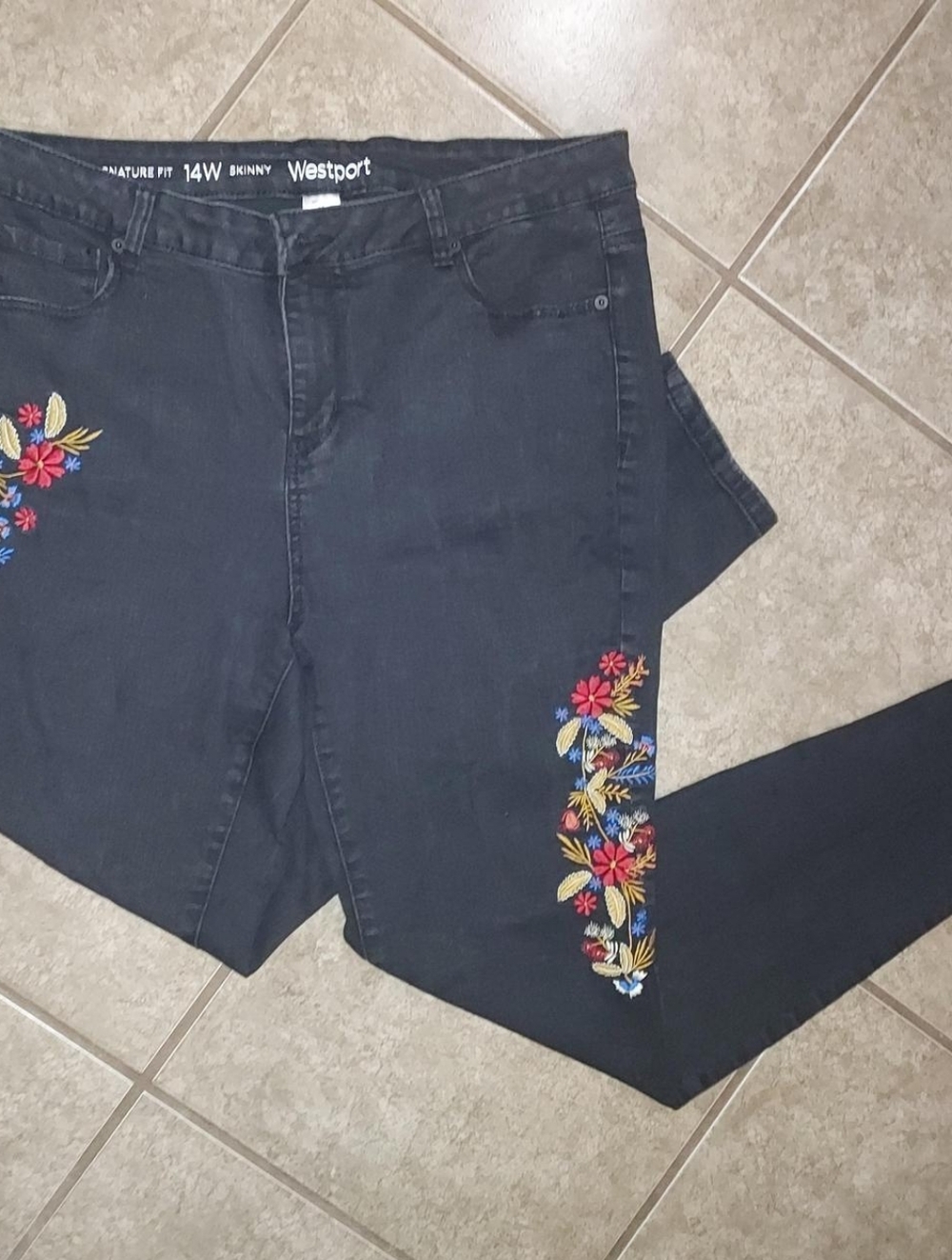 Westport Black Skinny Jeans with Multicolor Floral Embroidery